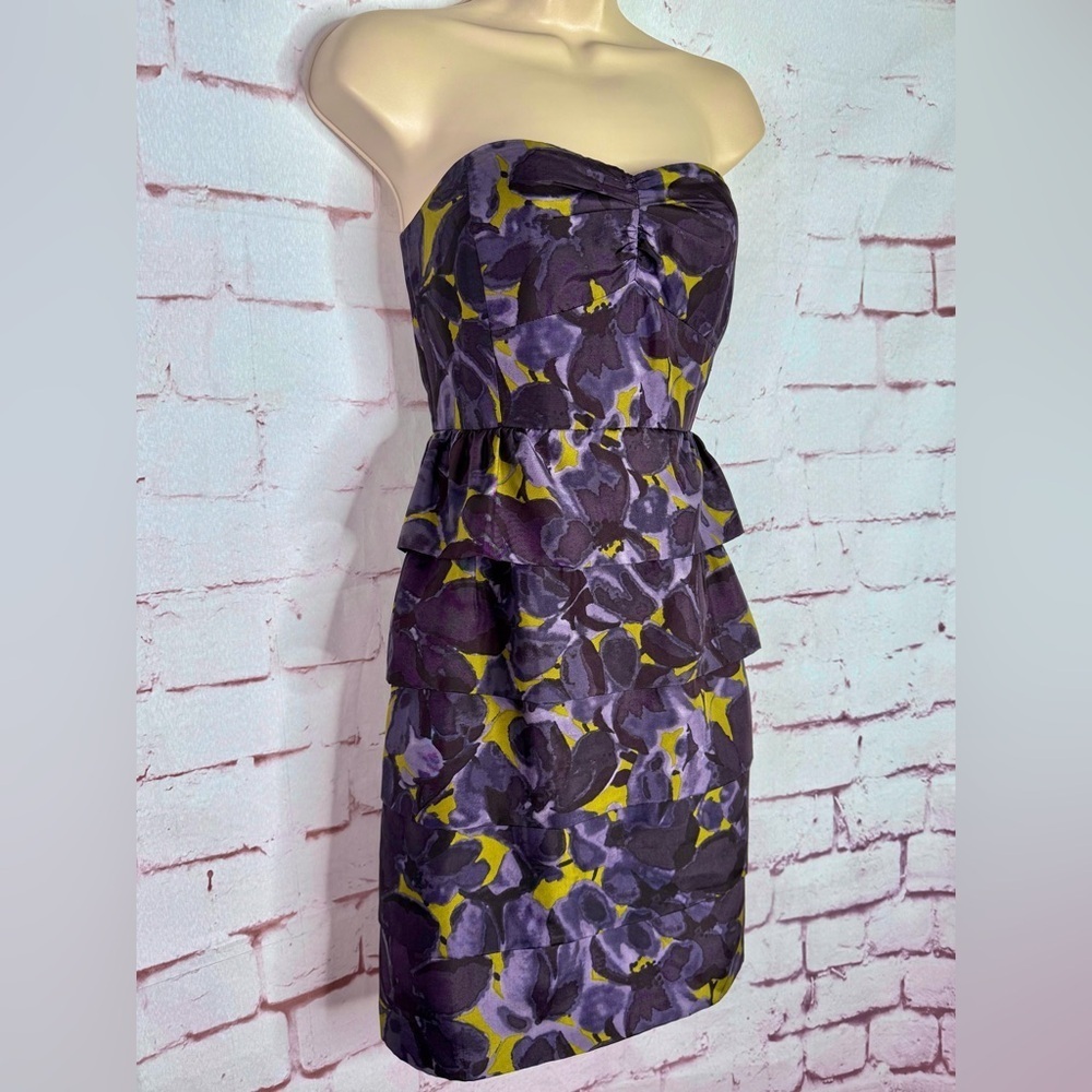 J. CREW 4 Floral Tiered Ruffle Strapless Grey Olive Layered Mini Cocktail Dress